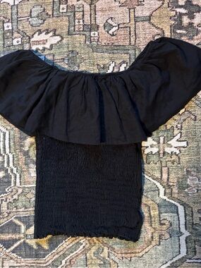 Blue Leopard Off-Shoulder Black Shirred Ruffled Top 1X